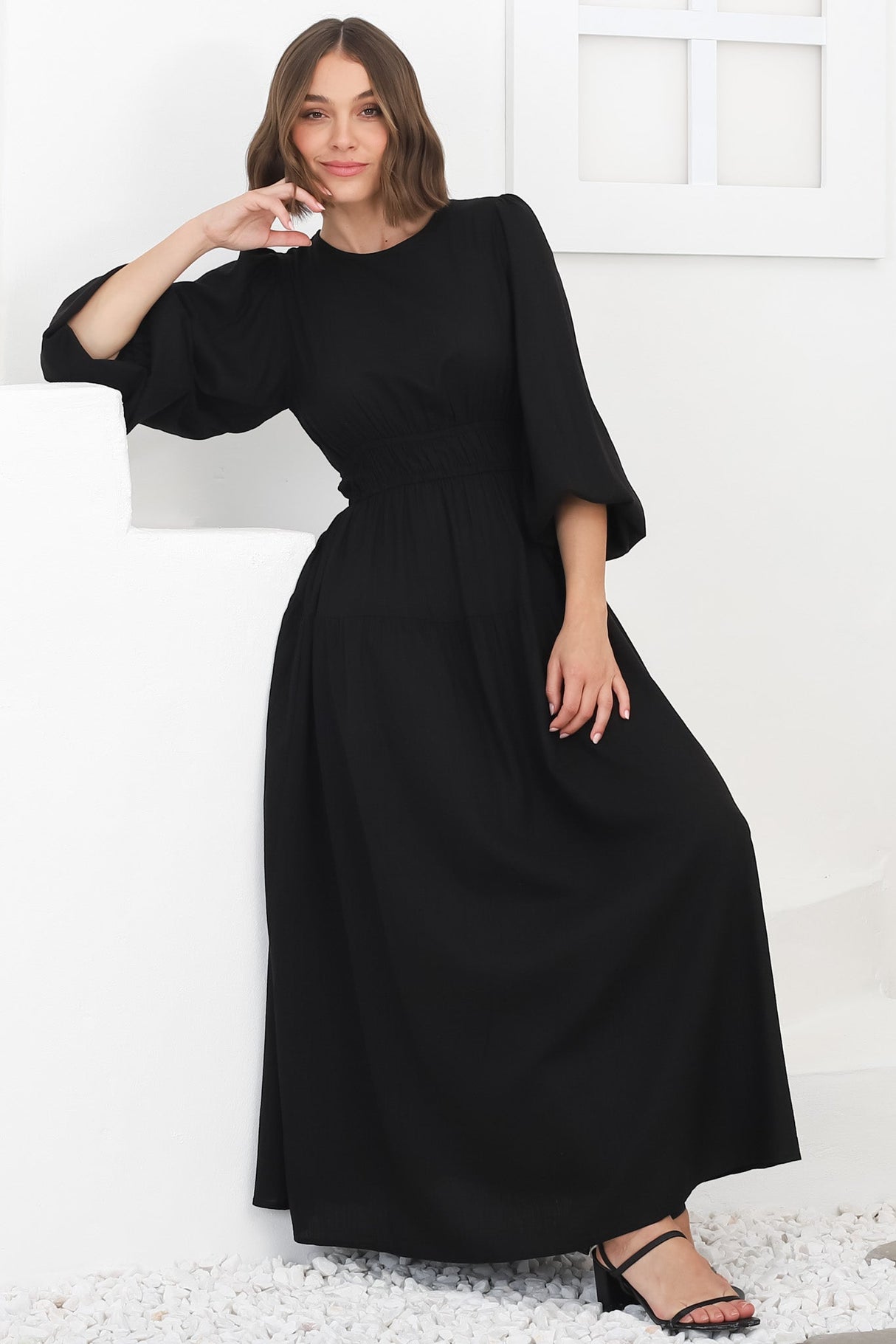 Sheyne Maxi Dress - Long Balloon Sleeve Elasicated Waist A Line Dress in Black