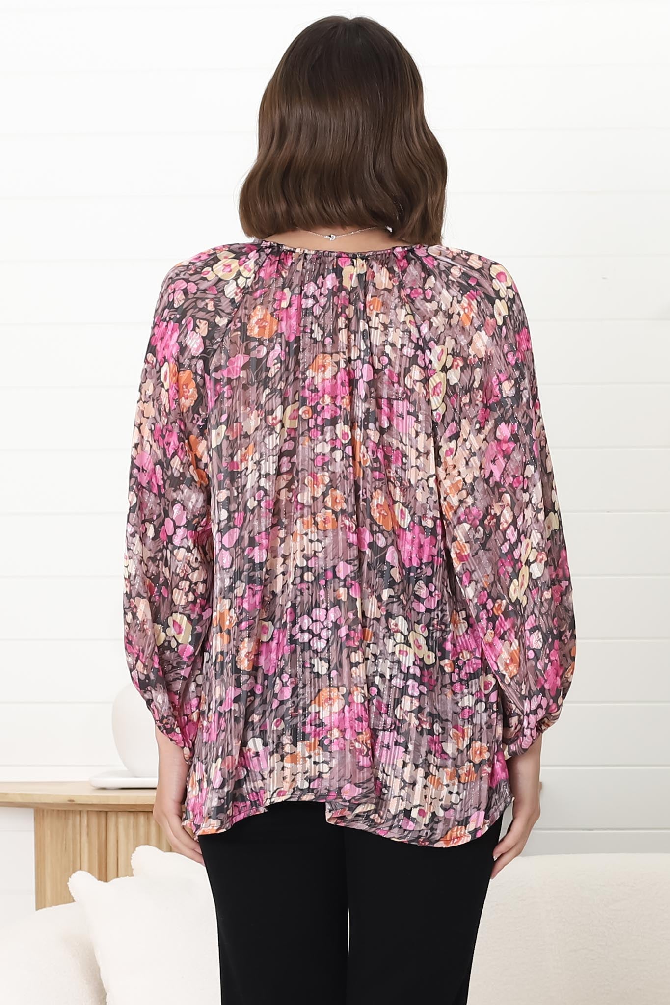 Marietta Top - Pull Over Plisse Blouse with Gold Tinsel Threading in Leya Print