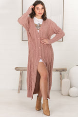 Tommy Cardigan - Long Line Cable Knit Cardigan in Blush