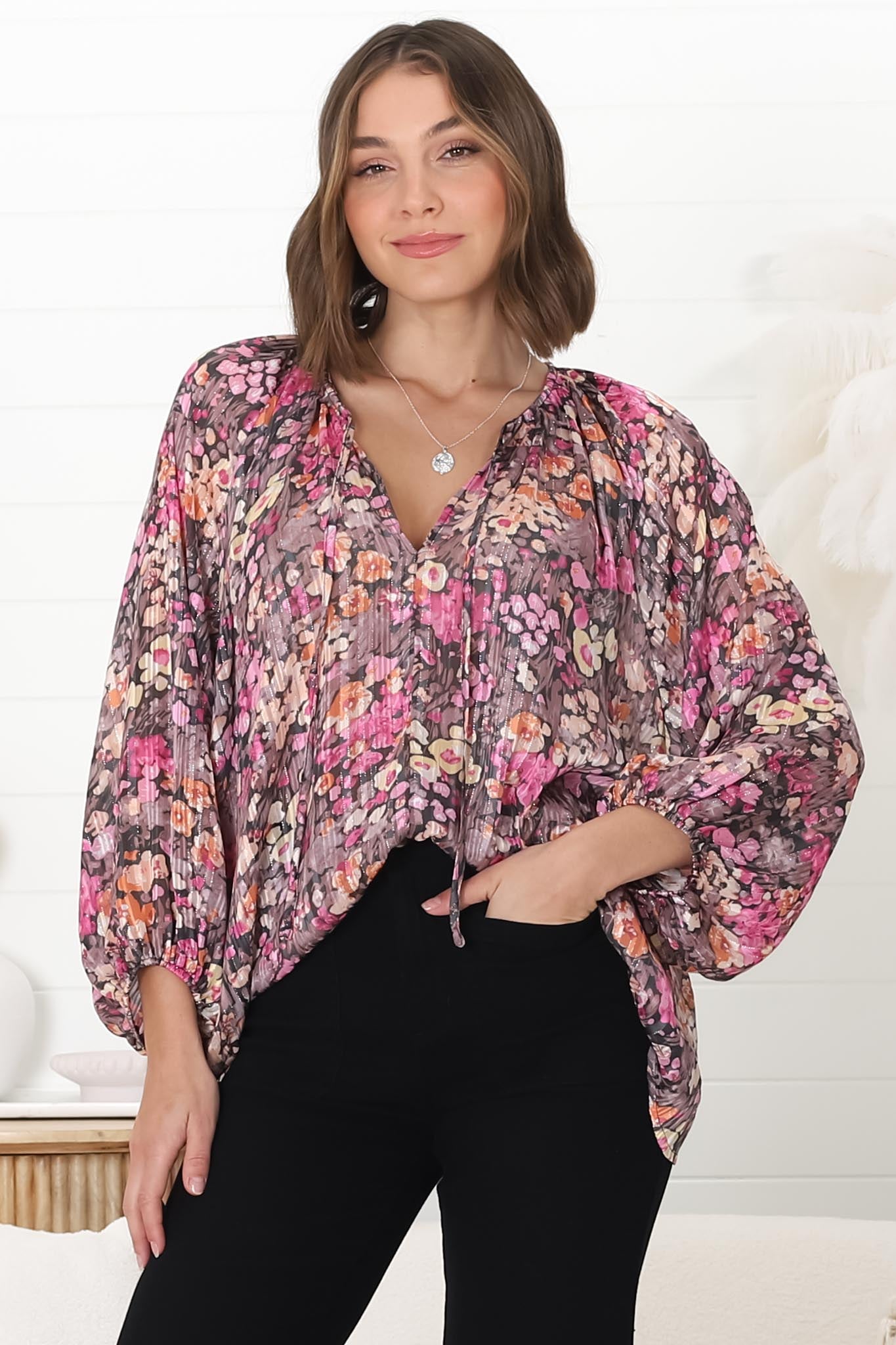 Marietta Top - Pull Over Plisse Blouse with Gold Tinsel Threading in Leya Print