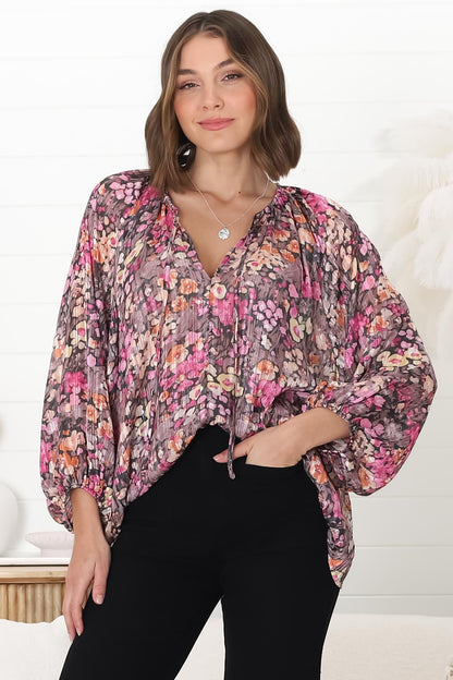 Marietta Top - Pull Over Plisse Blouse with Gold Tinsel Threading in Leya Print