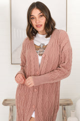 Tommy Cardigan - Long Line Cable Knit Cardigan in Blush