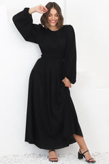 Sheyne Maxi Dress - Long Balloon Sleeve Elasicated Waist A Line Dress in Black