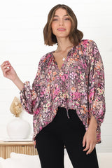 Marietta Top - Pull Over Plisse Blouse with Gold Tinsel Threading in Leya Print