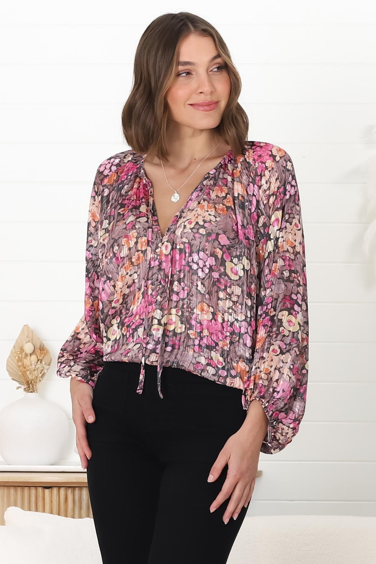 Marietta Top - Pull Over Plisse Blouse with Gold Tinsel Threading in Leya Print