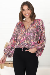 Marietta Top - Pull Over Plisse Blouse with Gold Tinsel Threading in Leya Print