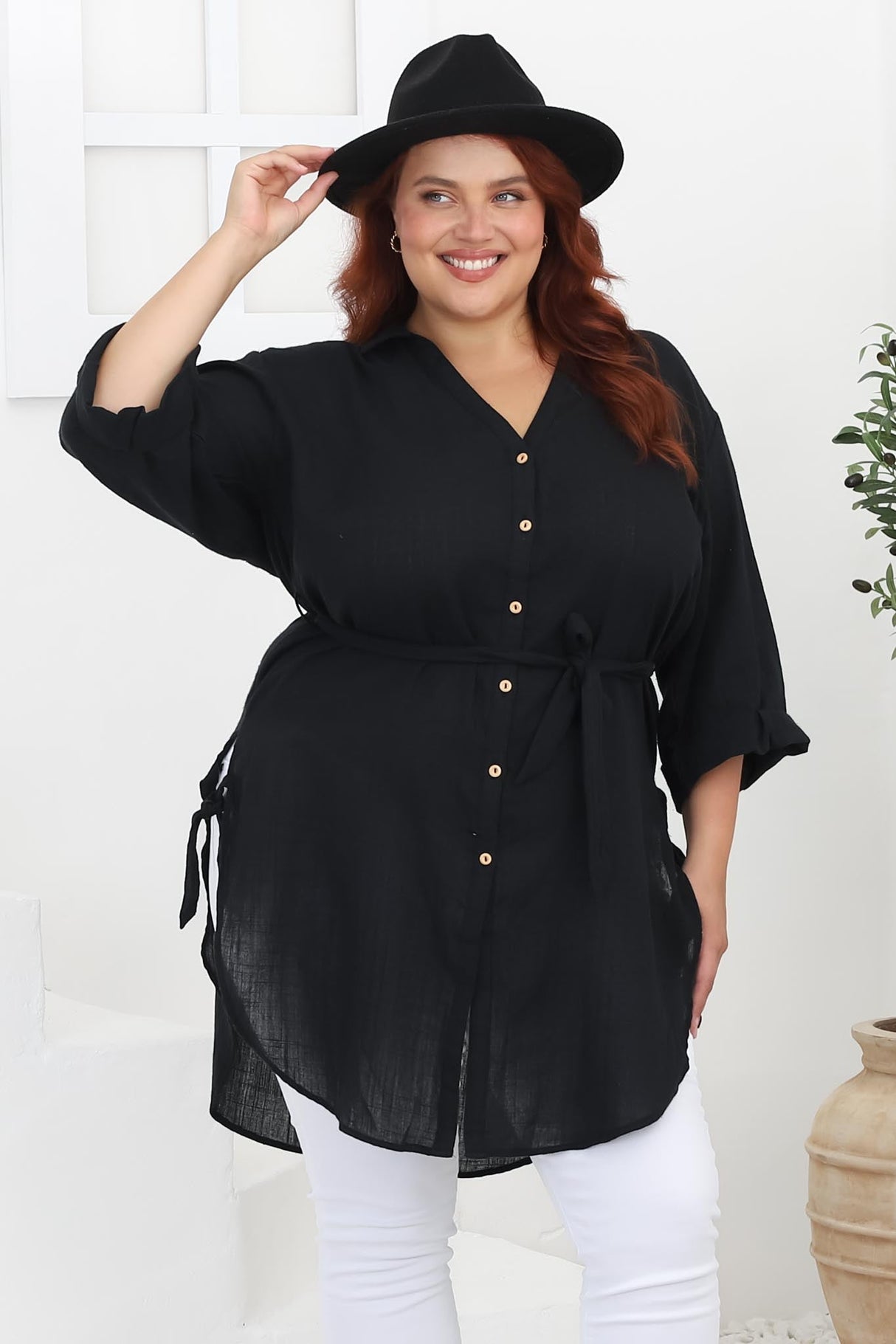 Rylee Tunic - Long Line Button Down Tunic in Black