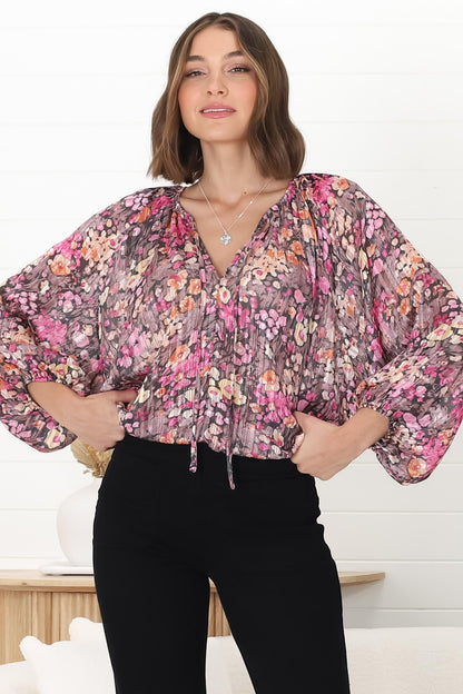 Marietta Top - Pull Over Plisse Blouse with Gold Tinsel Threading in Leya Print