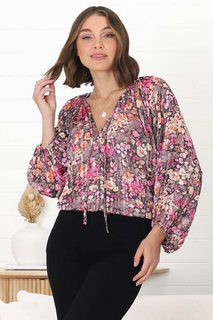 Marietta Top - Pull Over Plisse Blouse with Gold Tinsel Threading in Leya Print