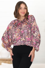 Marietta Top - Pull Over Plisse Blouse with Gold Tinsel Threading in Leya Print