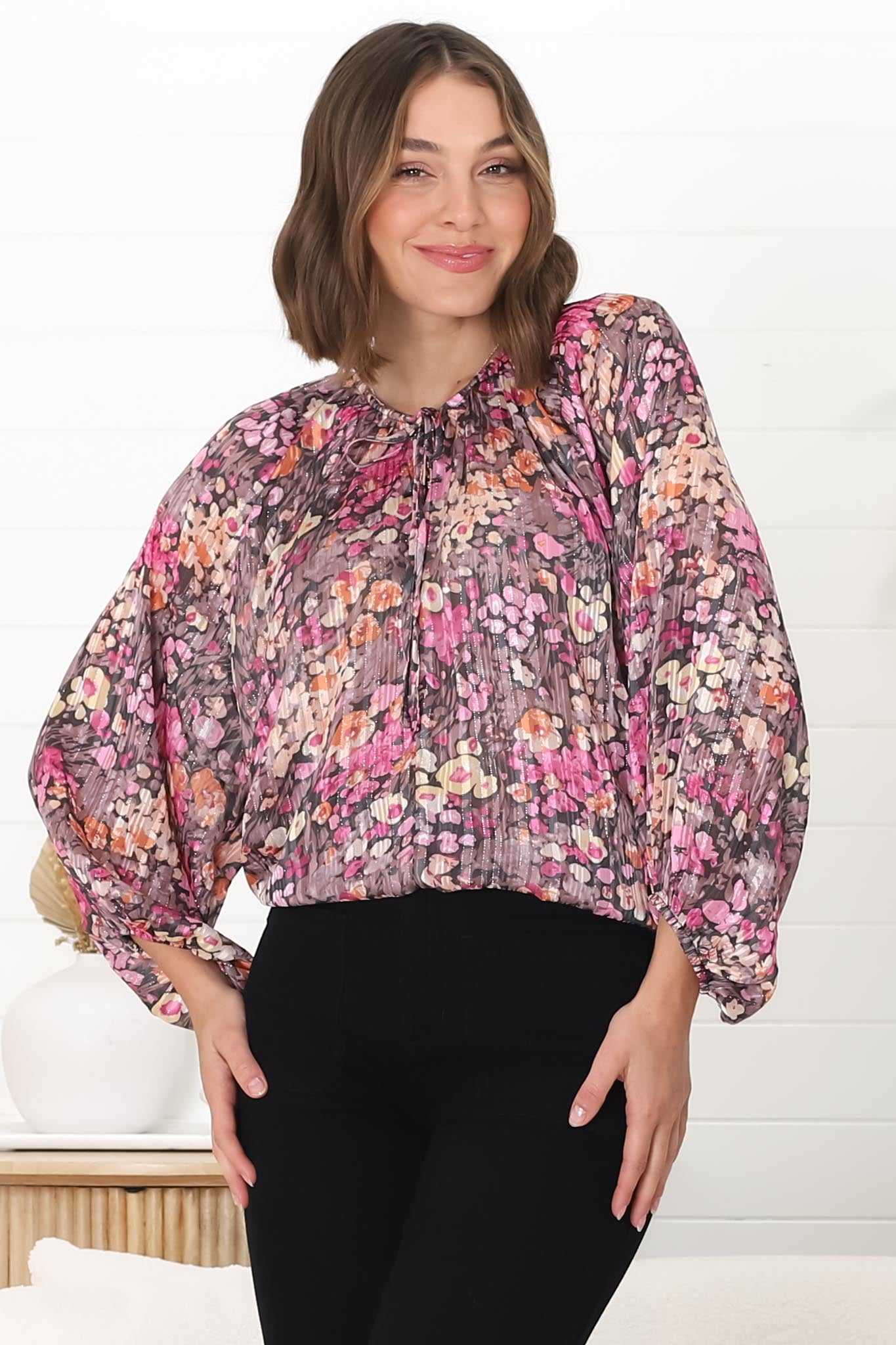 Marietta Top - Pull Over Plisse Blouse with Gold Tinsel Threading in Leya Print