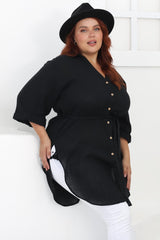 Rylee Tunic - Long Line Button Down Tunic in Black