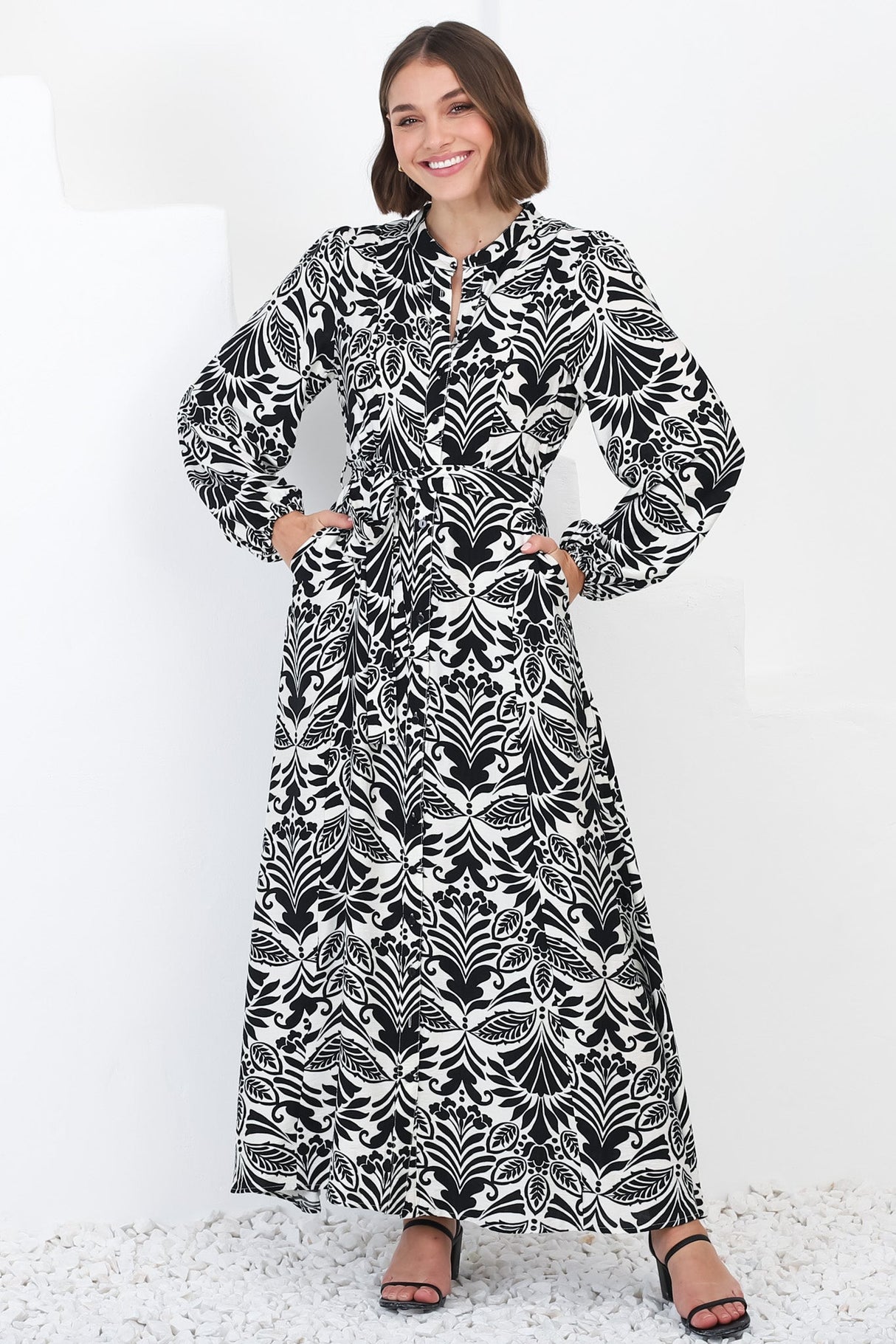 Sully Maxi Dress - High Collar A Line Dress in Harriette Print Black