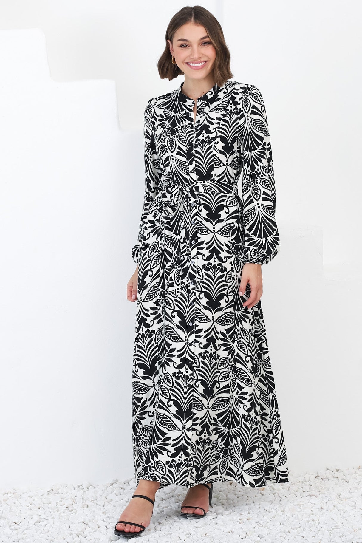 Sully Maxi Dress - High Collar A Line Dress in Harriette Print Black