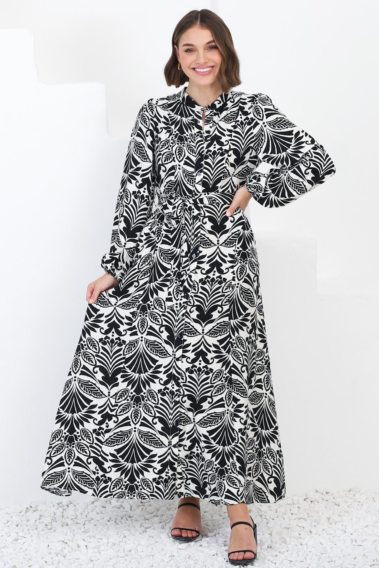 Sully Maxi Dress - High Collar A Line Dress in Harriette Print Black