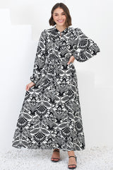 Sully Maxi Dress - High Collar A Line Dress in Harriette Print Black