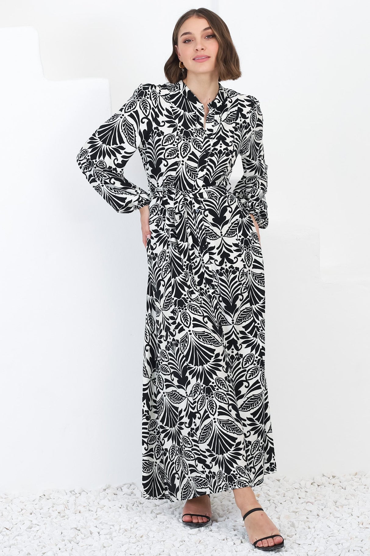 Sully Maxi Dress - High Collar A Line Dress in Harriette Print Black