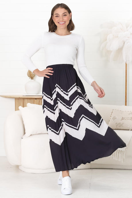 Ayla Maxi Skirt - High Waisted Plisse Skirt in Navy