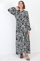 Sully Maxi Dress - High Collar A Line Dress in Harriette Print Black