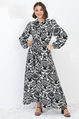 Sully Maxi Dress - High Collar A Line Dress in Harriette Print Black