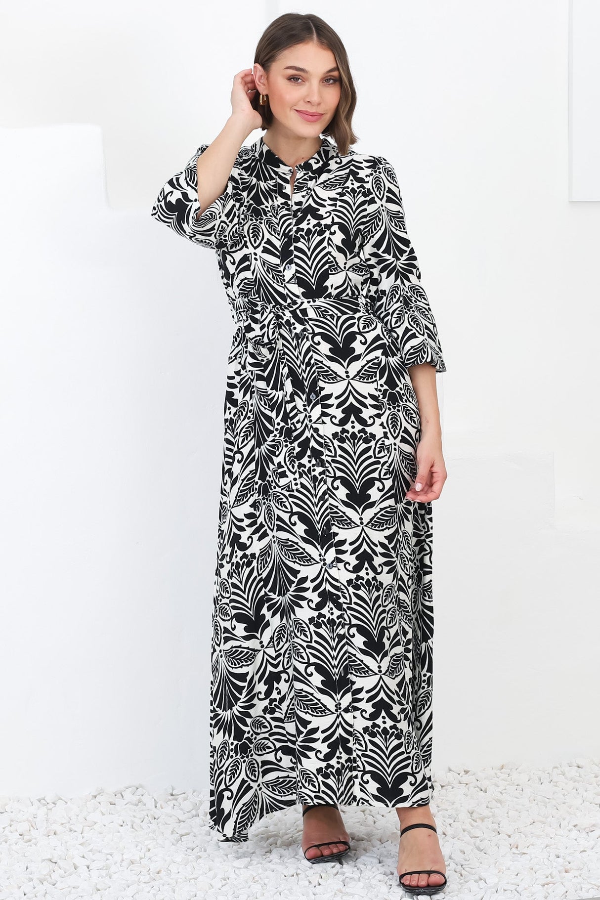 Sully Maxi Dress - High Collar A Line Dress in Harriette Print Black