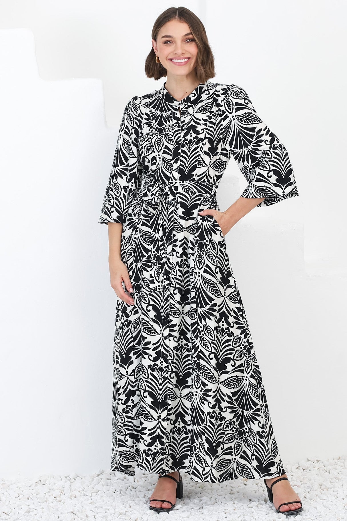 Sully Maxi Dress - High Collar A Line Dress in Harriette Print Black