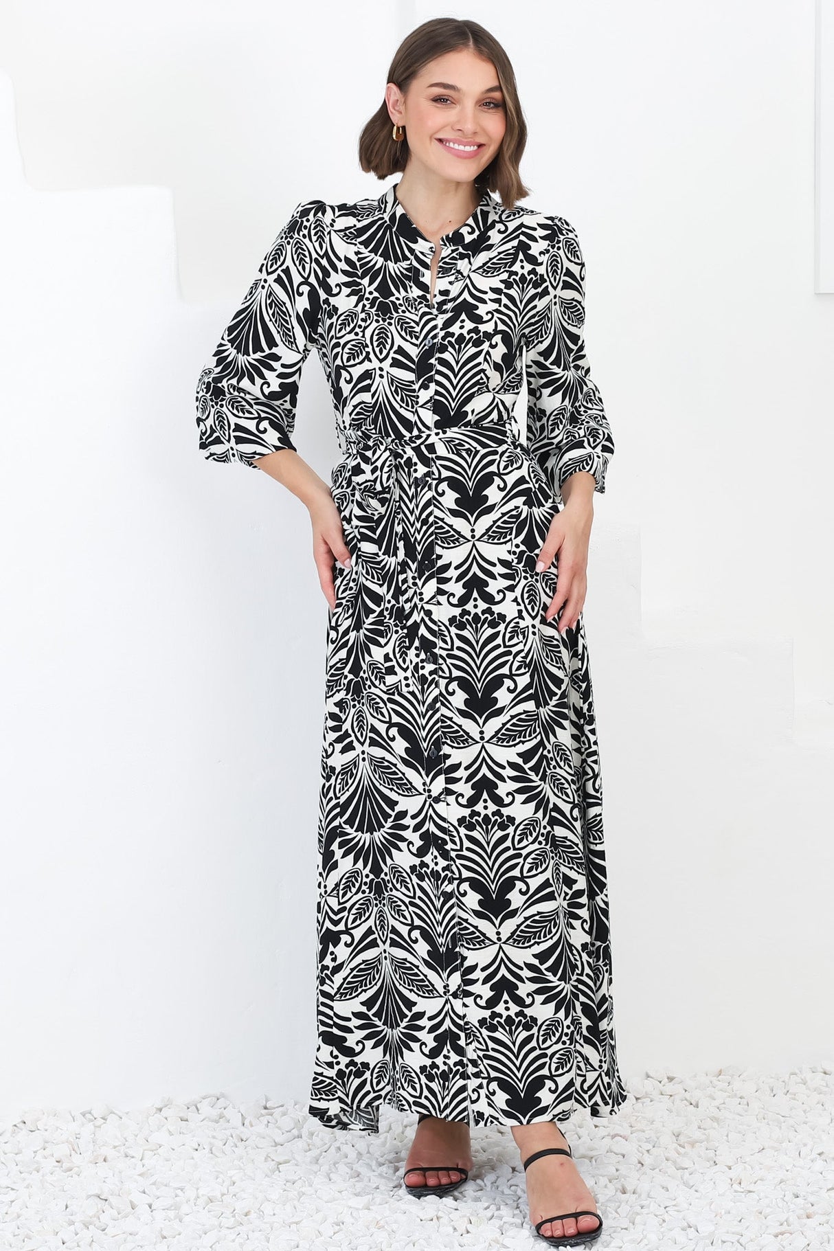 Sully Maxi Dress - High Collar A Line Dress in Harriette Print Black