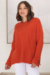 Taytum Jumper - Ribbed Pattern Detail Pull Over Knit Jumper in Orange