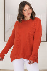 Taytum Jumper - Ribbed Pattern Detail Pull Over Knit Jumper in Orange