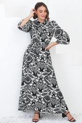 Sully Maxi Dress - High Collar A Line Dress in Harriette Print Black