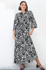 Sully Maxi Dress - High Collar A Line Dress in Harriette Print Black