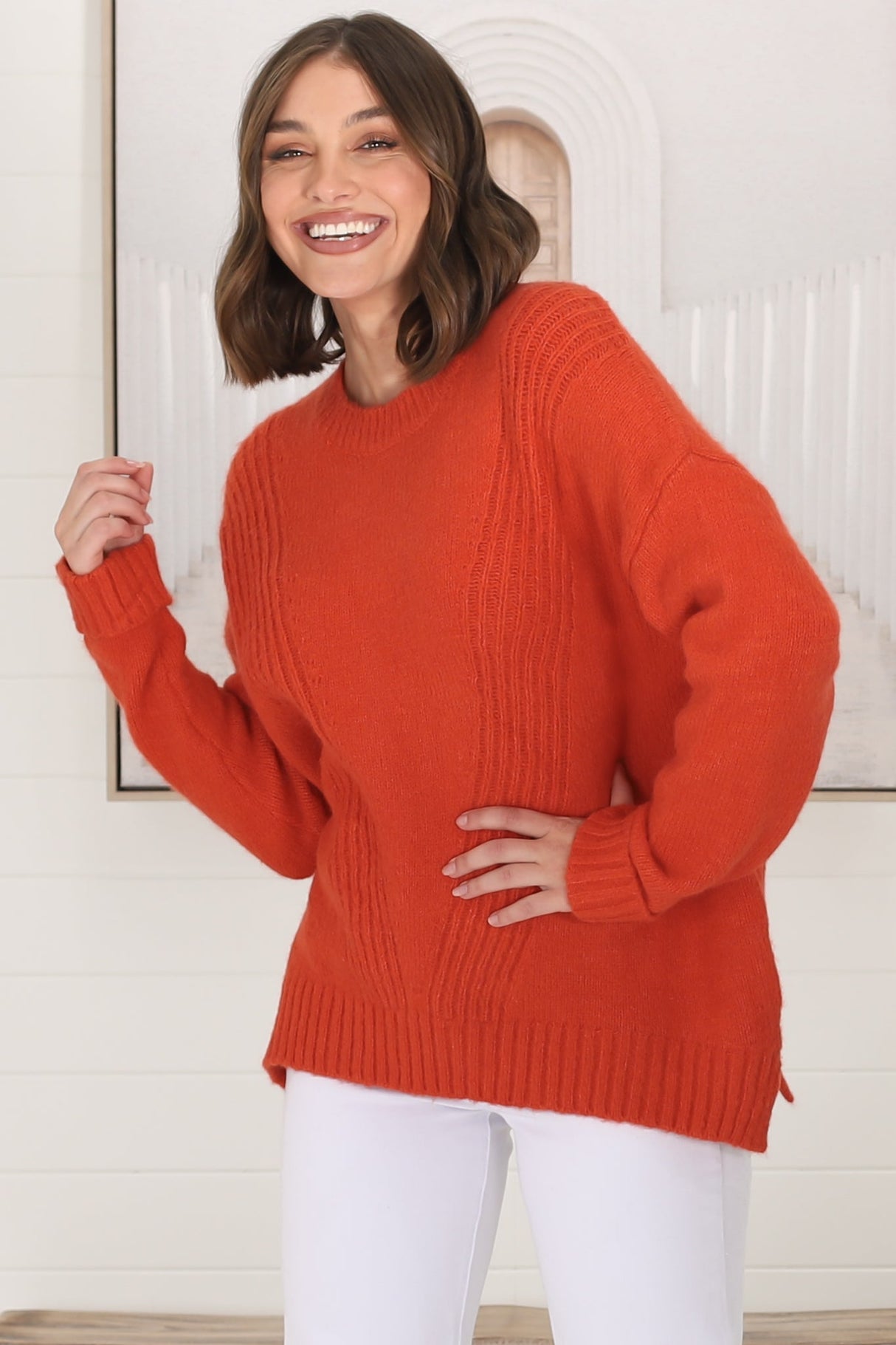 Taytum Jumper - Ribbed Pattern Detail Pull Over Knit Jumper in Orange