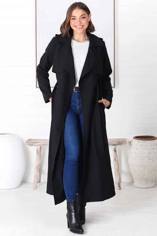 Belmore Trench Coat - Cinched Waist with Tie Coat in Black