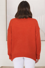 Taytum Jumper - Ribbed Pattern Detail Pull Over Knit Jumper in Orange