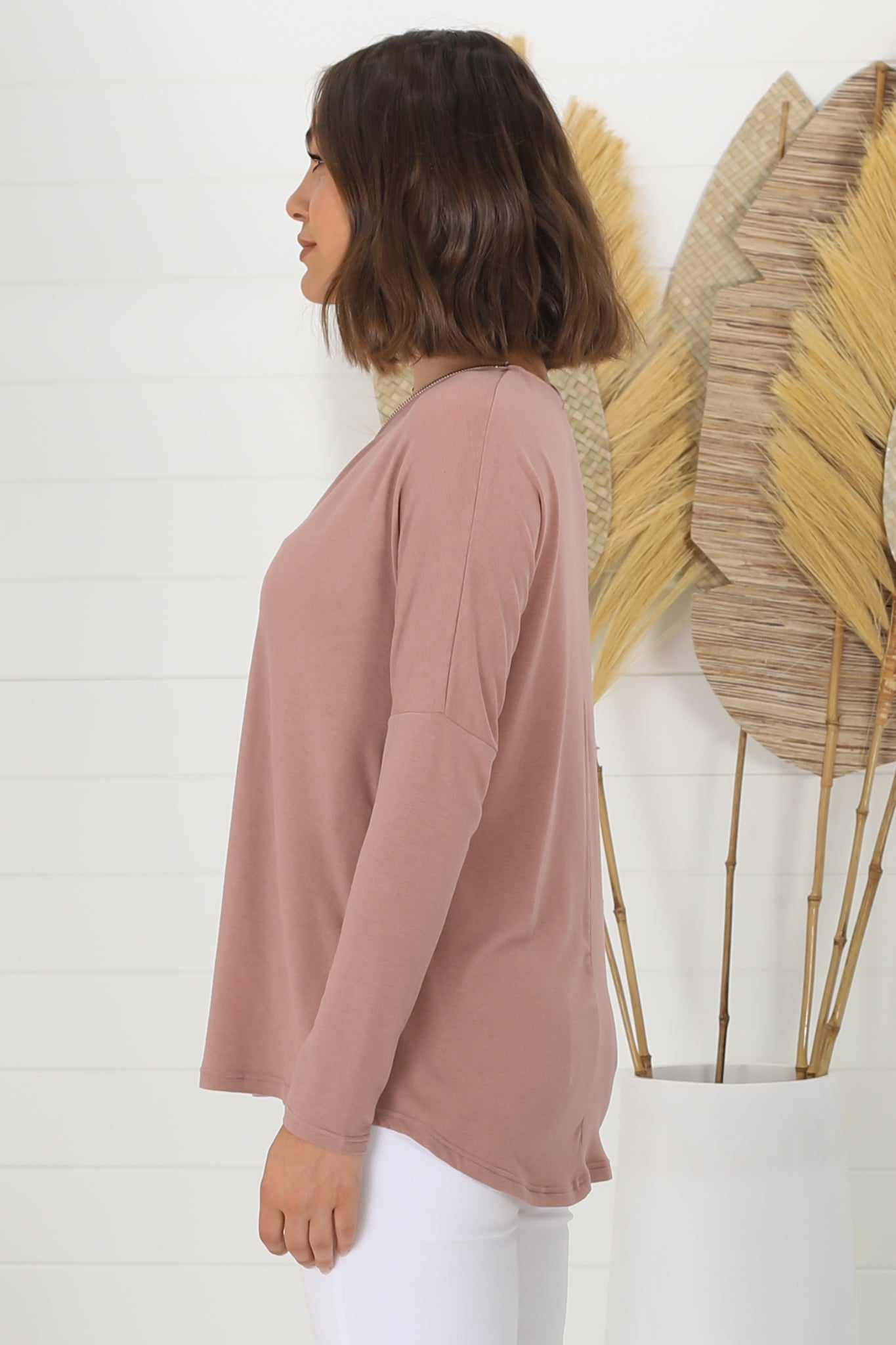 Cecile Top - Zipper Detail V Neck Top in Pink