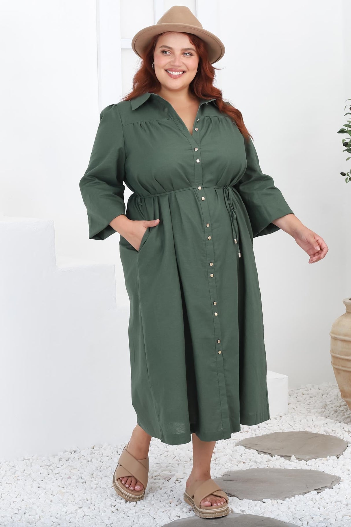 Waverly Midi Dress - Linen Button Down Dress in Green