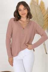 Cecile Top - Zipper Detail V Neck Top in Pink