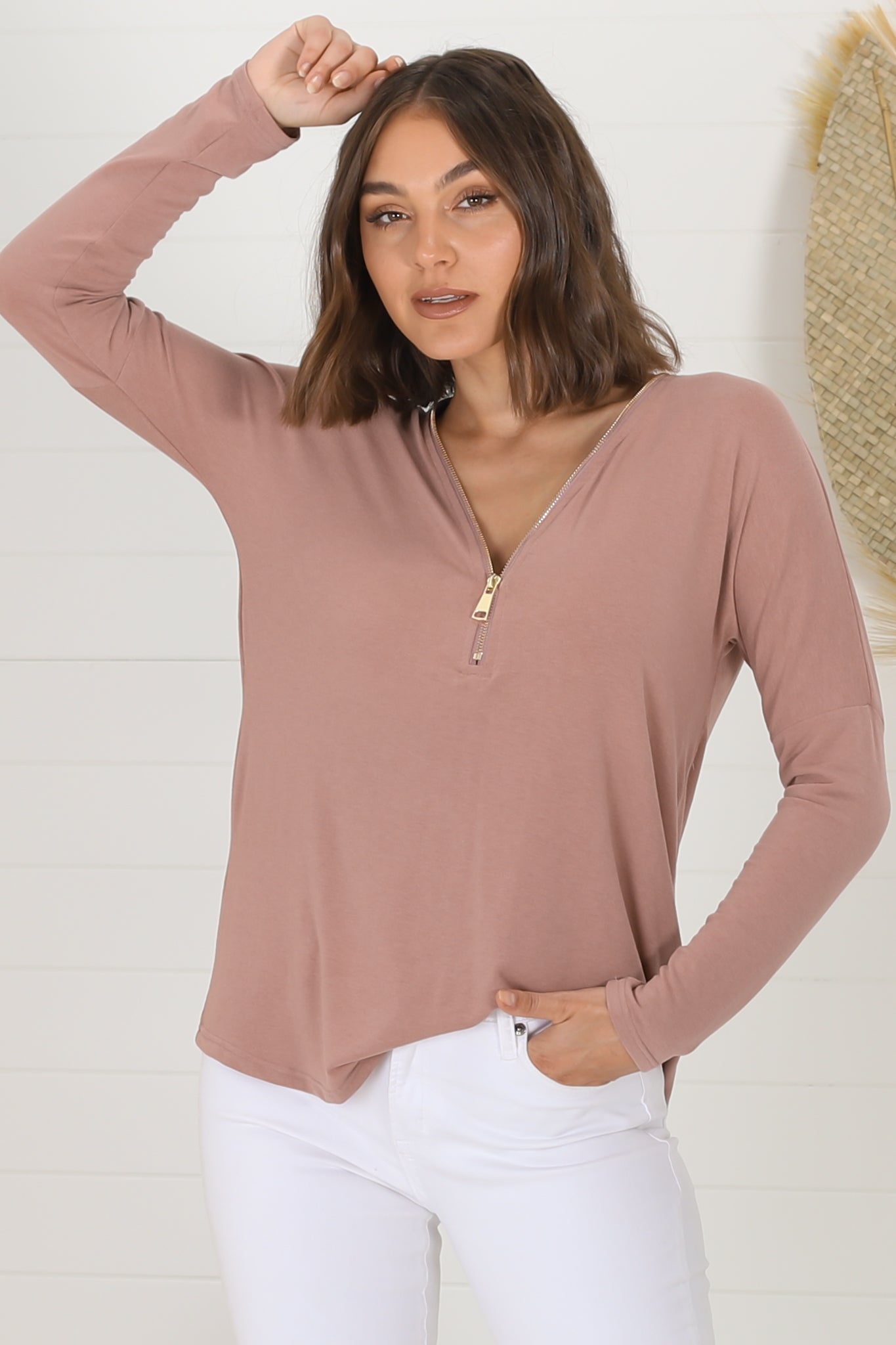 Cecile Top - Zipper Detail V Neck Top in Pink