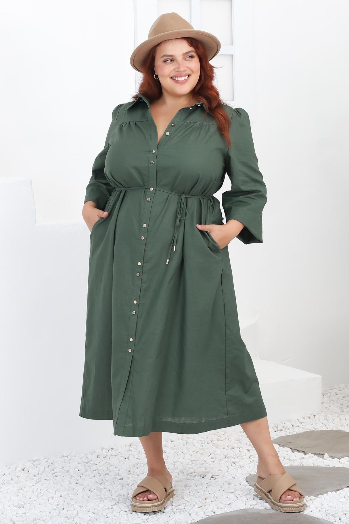 Waverly Midi Dress - Linen Button Down Dress in Green