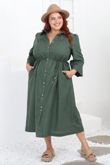 Waverly Midi Dress - Linen Button Down Dress in Green