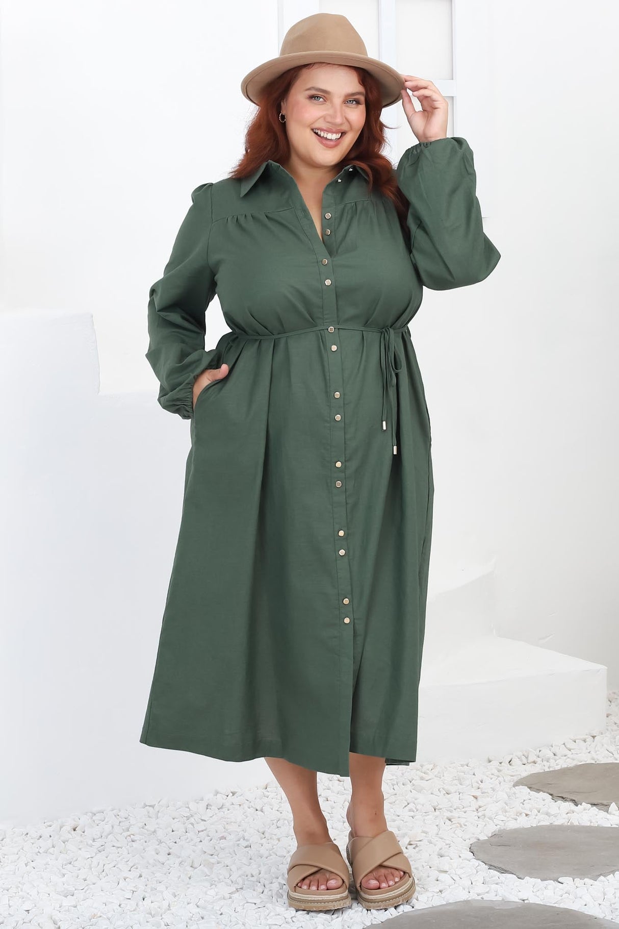 Waverly Midi Dress - Linen Button Down Dress in Green