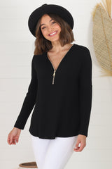 Cecile Top - Zipper Detail V Neck Top in Black