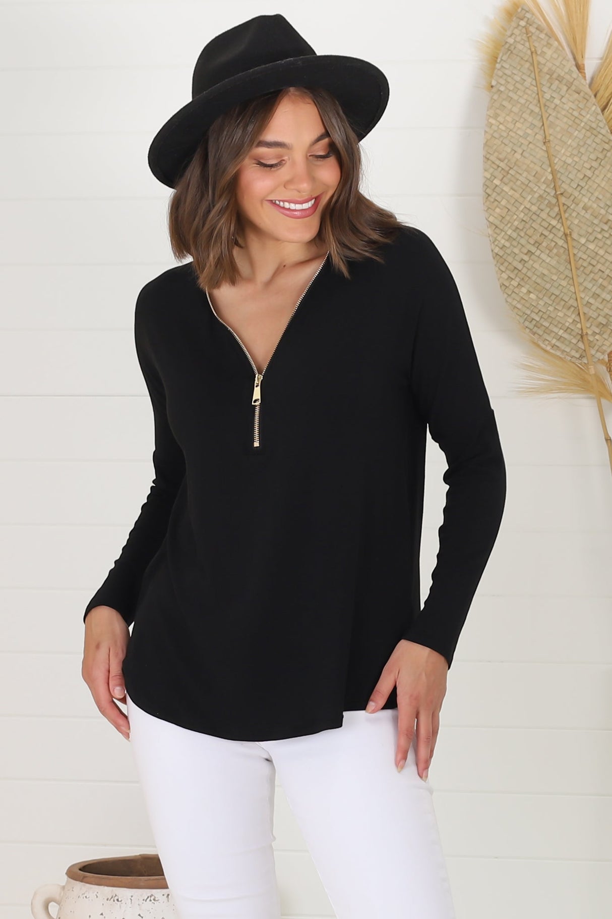 Cecile Top - Zipper Detail V Neck Top in Black