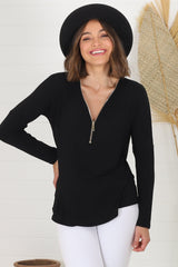 Cecile Top - Zipper Detail V Neck Top in Black