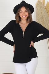 Cecile Top - Zipper Detail V Neck Top in Black