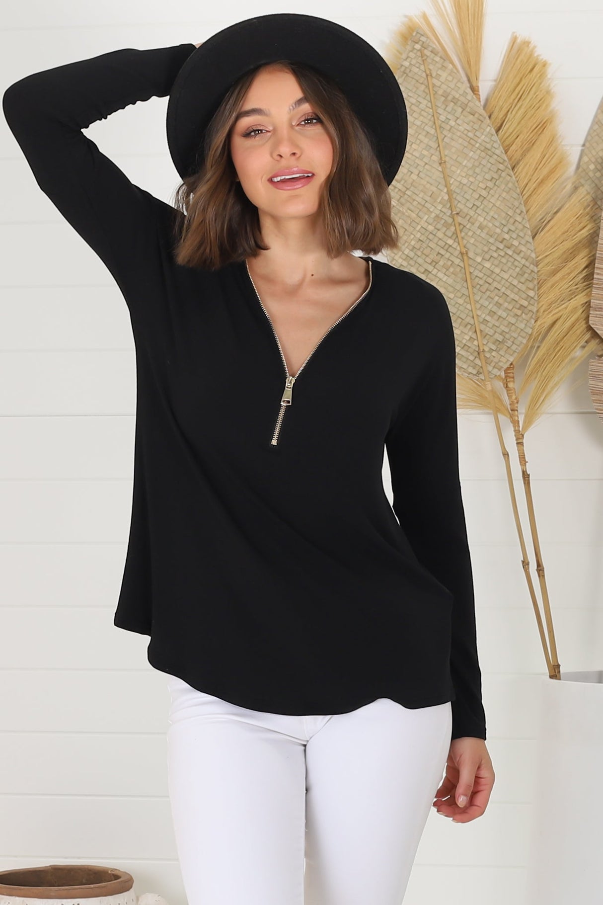 Cecile Top - Zipper Detail V Neck Top in Black