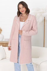 Kinny Cardigan - Collared Contrast Stiching Cardigan in Pink