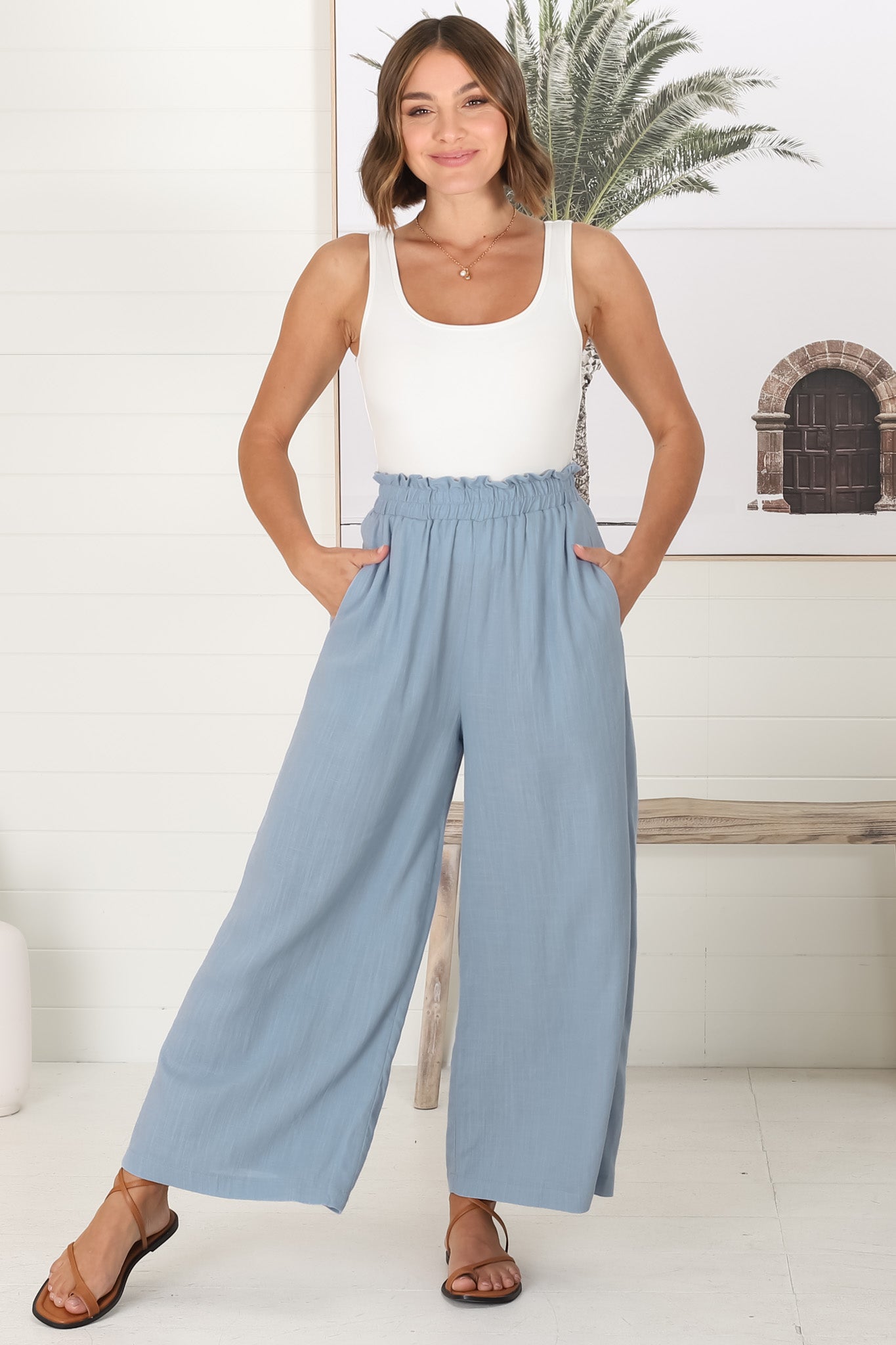 Crawley Linen Pants - Paperbag High Waisted Pants in Cloudy Blue