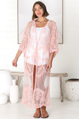 Haylo Kimono - Floral Lace Kimono with Scallop Hemline in Pink