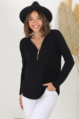 Cecile Top - Zipper Detail V Neck Top in Black